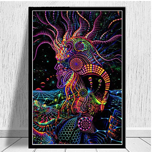 XIANGPEIFBH Leinwand Wandkunst Abstrakte Schwarzlicht Gemälde Psychedelic Trippy Poster Drucke Moderne Wandbilder Für Wohnzimmer Home Framed Decor 40x50 cm (15,7 x 19,7) Mit Rahmen