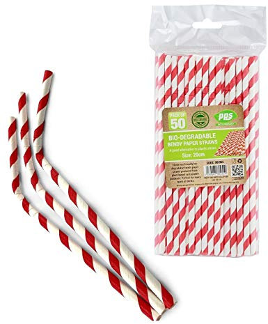 Lot de 50 pailles en papier biodégradables à rayures rouges et blanches 20 cm environ