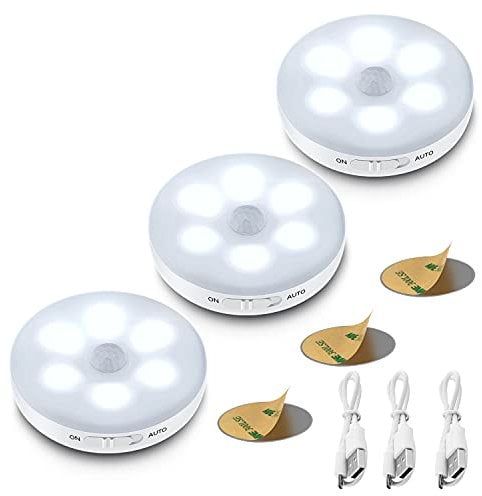 3-Pack Motion Sensor Lights Indoor,Rechargeable Battery Operated LED Closet Light Stair Lights Wall Lights, Stick on Puck Lights with 3M Adhesive for Under Cabinet,Cupboard,Kitchen(Pure-White)