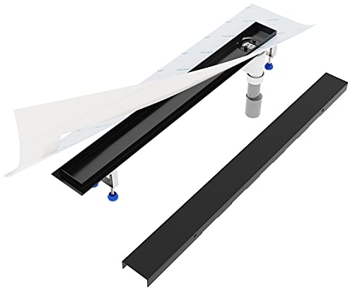 Aquabad Duschrinne SDS Schwarz Matt aus Edelstahl, Länge 100 cm, senkrechter Abgang Seite, Komplett Set mit Blende: Bord, Siphon und Haarsieb