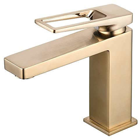 SHUNLI Mitigeur Lavabo Robinet de Salle de Bains,Robinet de lavabo Design Créatif Moderne,Monotrou Mousseur Robinetterie,Or Brossé,Laiton Pure