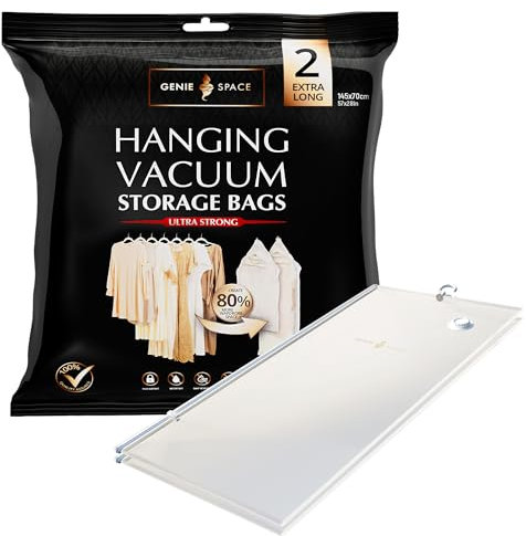 GENIE SPACE Bolsas de Vacío Colgantes para Abrigos, Trajes y Vestidos – Herméticas, Reutilizables y Sin Olor – Cierre Doble – Tamaño Extra Largo 145×70 cm – Paquete de 2