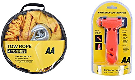 AA 4T Heavy Duty Tow Rope AA6226 – Yellow Strap-Style Towing Belt & AA Emergency Car Window/Glass Hammer Seatbelt Cutter Rescue Tool AA6240 - Essential For Quick Vehicle Escape