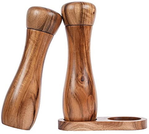 DeroTeno Salz- und Pfeffermühlenset mit Mühlenschale, 2er-Set Salz- und Pfeffermühle mit Keramikmahlwerk Akazienholz, Höhe 20,5 cm, Ø 6 cm