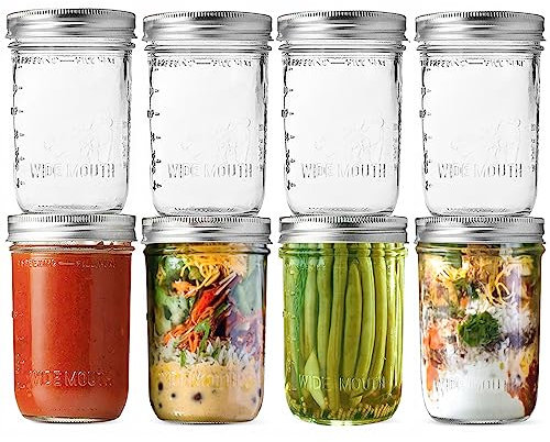 16 oz Wide Mouth Mason Jars with Lids 8 Pack Pickling Jars Wide Mouth Clear Glass Mason Jar with Silver Metal Airtight Lids and Bands, Breakfast Jars Overnight Oats for Freezing, Canning, Fermenting