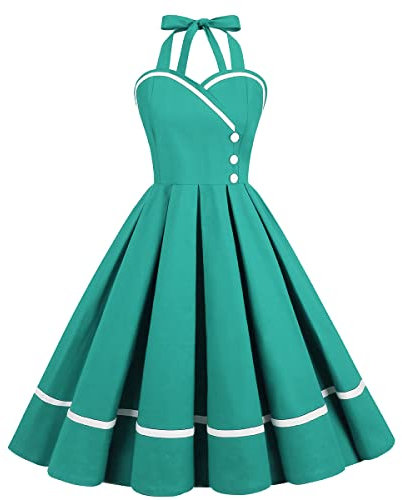 Damen Vintage Polka Audrey Kleid 1950er Halfter Retro Cocktail Ballkleid Rockabilly Hochzeit Hepburn 50er 60er Party Kostüm, Türkis - Knopf, XX-Large