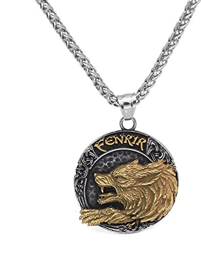 Danwinty Wikinger Halskette Herren Edelstahl Fenrir Wolf mit 60cm Silber Kette für Männer Nordische Wolfskopf Amulett Anhänger