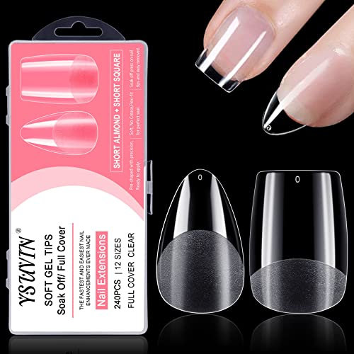 YSUVIN Nageltips 240 Stück Fake Nails Transparent, 12 Größen Kurze Mandel und Kurzer Square, Künstlich Nagelspitzen Nails Tips für Nageltechniker, Anfänger, Maniküre Salons