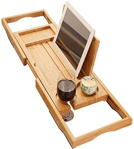 Samnuerly Kerzentasse/Becherhalter, Badezimmer-Organizer Badewannenablage Badeablage Bambus-Badewannenablage mit Handy-Slots für Tablet (Dunkelbraun 62,5cm x 23cm)