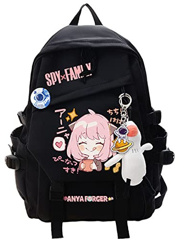 Anime SPY×FAMILY Anya Forger Nylon Schwarzer Rucksack, Mode Cartoon Schultasche College Tasche Full Set,Schwarz-2,L