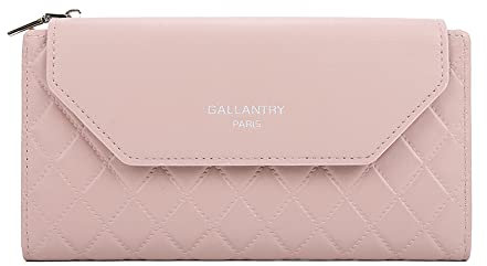 Gallantry Portefeuille Femme Longue Tri-pli - Porte-Carte Monnaie Tout-en-Un - Similicuir Matelassé Carreaux Fermeture Eclaire Magnétique - Fin Léger - Vieux Rose Longue