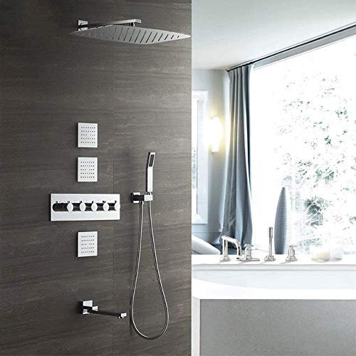 CAZARU Verdecktes Thermostat-Duschset 4-Funktions-In-Wall-Wasserfall Square Top Spray Kupfer-Handbrausesystem 3-seitige Berührung mit Wasserhahn kann gedreht Werden Schön praktisch