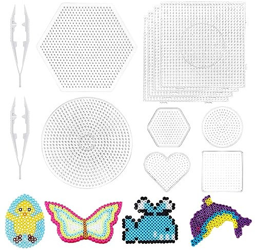Bügelperlen Platten, 10 Stück Bügelperlen Vorlagen-Set, Transparent Bügelperlen Schablonen mit 2 Tweezern, 6 Große, 4 Kleine, 5 Mm, Verschiedene Muster, für die Herstellung von DIY-Handwerkskunst