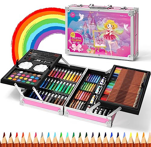 Spardar Pinturas para Niños, 145 piezas Pinturas Niños Deluxe con Caja de Aluminio Portátil, Kit de Dibujo con Pasteles al óleo, Crayones, Marcadores, etc., Regalo para Niños Principiantes Artistas