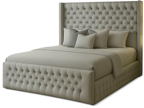 Atomic Sleep Luxury Chesterfield Wingback Bed Frame - Upholstered in Plush Velvet Fabric with Mattress/Gas Lift Option - UK Made (Grey Plush, Kingsize 5ft with gas lift storage)
