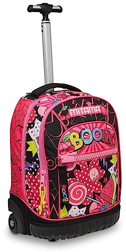 Mitama Trolley Scuola - RUN CANDY BOOM, Rosa- Zaino Doppio Scomparto Impermeabile - Spallacci a Scomparsa - Fondo Paraurti Rinforzato