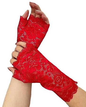 Wambere Spitzenhandschuhe,Fingerlose Handschuhe Vintage Fäustlinge Damen Spitze Stickerei Fingerlose Sonnenschutz Braut Handgelenk Handschuhe für Hochzeit Teeparty Zubehör Party Halloween,Rot