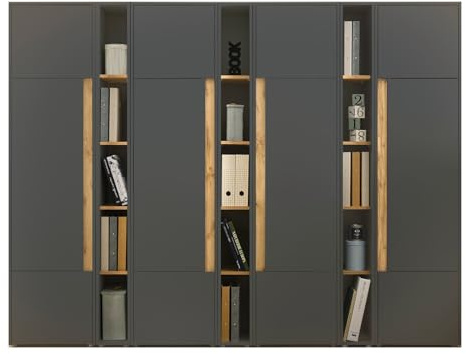 Aktenschrank Set in grau matt und Wotan Eiche 4 x Stauraumschrank und 3X Regal für Homeoffice Büroschrank Hochschrank Ordnerschrank XXL modern 260 x 200 cm Center (Set 6)