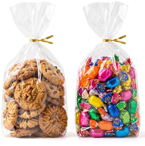 HAKACC Cellophane Treat Bags 6x9 Inch, 200 Pack, Clear Goodie Bags, 15x23cm | Bottom Gusset Adds Capacity, Keeps Bags Upright, 200 Gold Ties, Ideal for Cookies, Candy, Favors, Gifts