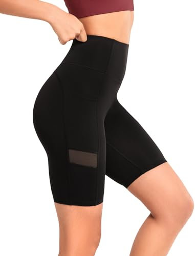 Yvette Damen Kurze Leggings Mesh High Waist Radlerhose Blickdicht Scrunch Sporthose Fitness Sommer, Schwarz,L