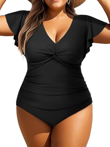 Aqua Eve Plus Size One Piece Swimsuit with Sleeve Tummy Control Bathing Suit Ruffle Vintage Swimwear, Black, 24 Plus