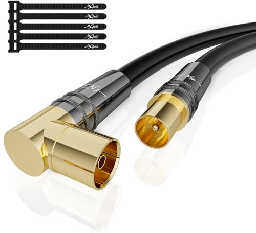 Mygatti 1.5M RG6 Cavo Antenna Maschio a Femmina 90°Angolato 4K,cavo TV HD Coassiale-75 Ohm-Connettori in Metallo Robusto Dorato,per la TV Digitale e analogica-con 5 fascette per cavi
