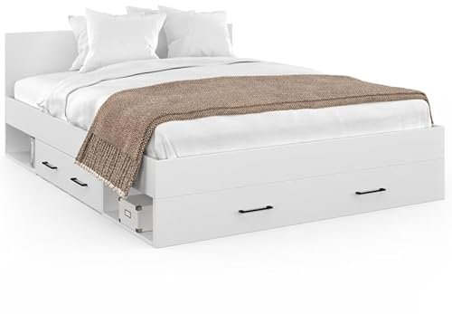 IDMarket - Lit Double MINEA avec tiroirs + niches de Rangement + tête de lit et sommier 140 x 190 cm Blanc