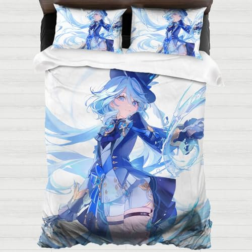 XYOK Genshin Impact Bettwäsche 3teilig 135x200cm Bettbezüge mit Reißverschluss - Bettwäsche Set 2 Kissenbezüge 80x80cm Fanartikel (Furina)