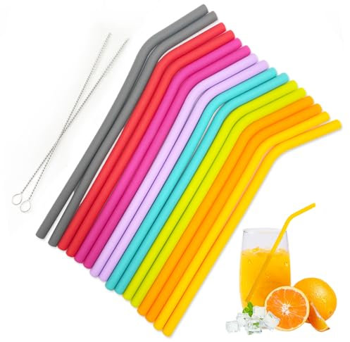 TSHAOUN 16 Pièces Pailles en Silicone Réutilisable, Adulte Enfants Coloré Courbées les Boissons Froides Pailles à Boire Sûr et écologique, Pailles à Boire avec 2 Brosses de Nettoyage