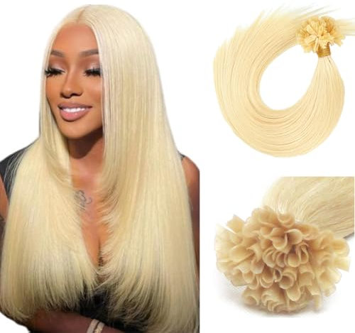 Saisifen Keratin Nail Tip Hair Extensions for Women 613# Bleach blonde Real Human Hair U-tip Hair Extension 50g 100 Strands 16 Inch(40cm)