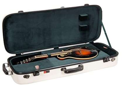 Crossrock Fiberglass Mandolin Case – Oblong for F-Style (Fits Gibson F5) | Milky White Gloss Finish, Forest Green Velvet, TSA Lock, Hygrometer, Backpack Straps – Hard Shell Pro Travel Series