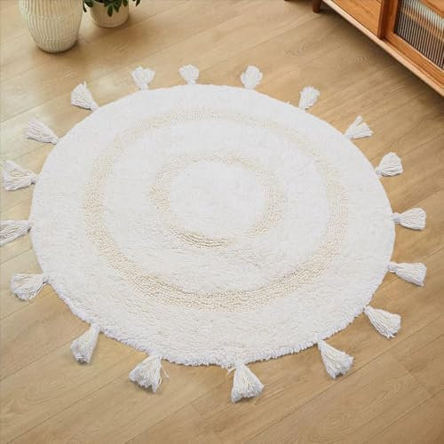 Duidy Boho-Badteppich, Baumwolle, rund, mit Quasten, handgefertigt, gehäkelt, Bohemian-Teppich mit Rutschfester Unterlage, 70 cm, Elfenbeinweiß…