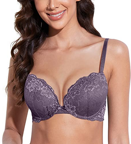 Deyllo Women's Push Up Lace Bra Sexy Deep V Lift Up Bra Underwire Padded Comfort Everyday Bra(Purple,38F)