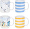 Set of 4 Mugs Seaside Beach Yellow Blue White Coffee Tea Cup Home Kitchen Stoneware