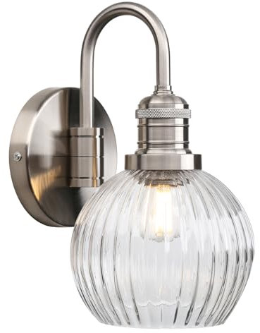 Pathson Vintage Col de Cygne Applique Murale Industriel E27 Luminaires Intérieur Abat-jour en Verre Rond Lampe Murale pour Salle de bains Cuisine Entrée (Argent Brossé)