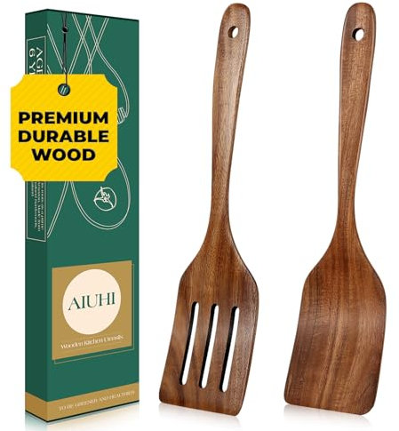 Teak Wood Spatula for Cooking, 2Pcs Wooden Kitchen Spatula Set, Durable Flat Spatula for Kitchen Cooking