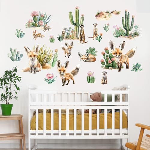 SHUCHING Wandtattoo Wüstentier, Wandaufkleber Fuchs Kaktus, Selbstklebend Wandsticker für Spielzimmer Kinderzimmer Babyzimmer