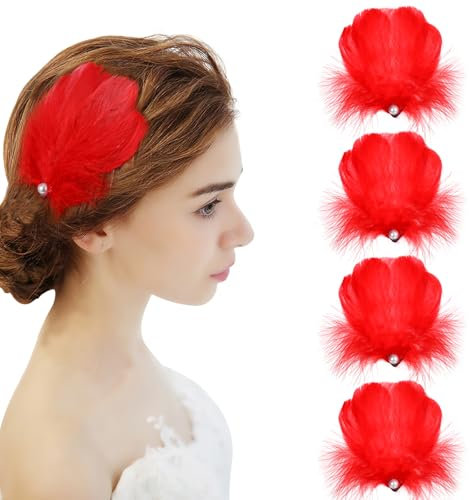 MWOOT 4 Stück Rote Feder Haarspangen, Rote Feder Kopfbedeckung Haarschmuck für Frauen Mädchen, Perlenhaarteil für Karnevalskostüm, Braut Hochzeit Cosplay Party