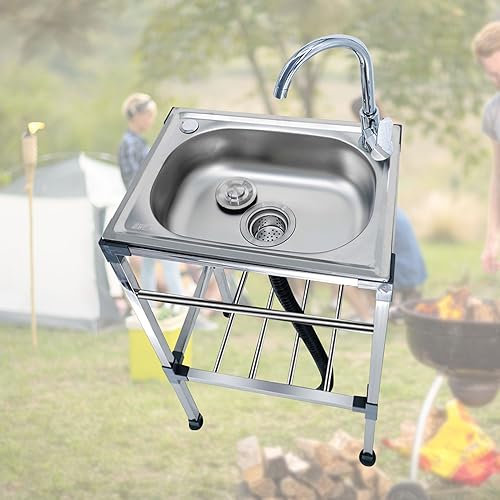 Tragbare Edelstahl-Spüle mit Heiß- und Kaltwasserhahn, ideal für Camping, Restaurant, Garten, Garage und Wäsche, Einzelschüssel, freistehend, 38 x 53 x 53 cm