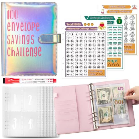 100 Envelope Saving Challenge Sparbuch für Geld - A5 Geldsparmappe mit Transparenten Geldumschlägen, Geld Sparen Mappe um 5050€, Geldbinder für zu Hause zu Sparen, Paare, Schule