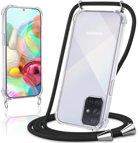 Coiwxmoi Handyband Handyhülle für Samsung Galaxy A71 4G Hülle mit Band 6,7,Transparent Case mit Kette Abnehmbar zum Umhängen Kordel Schutzhülle,Weich Silikon TPU Stoßfest Cover,Schwarz