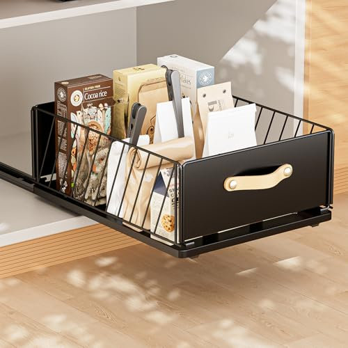 Cajón Telescópico Cajón de Cocina Extensible Desplegable Organizador De Gabinete Extraíble Fijo con Nano Película Adhesiva Cesta Deslizante para Cocina sin taladrar ni clavar L30*A41*H16 cm (Negro)