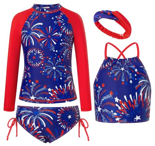 GRACE KARIN Cute Kids Girls Swimming Costume Toddler Swimsuit Kid Wetsuit Long Sleeve Rash Guard Sets 4PCS with Band for Girl 7-8Y Red Blue Fireworks