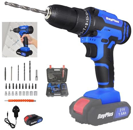 21V Cordless Electric Drill, Wireless Handheld Screwdriver Set with 25+1 Torque Setting, 1500 mAh Battery, 2-Gear Combi Hammer-Drill, Safety Lock 3/8 Chuck Driver Kit with Carrying Case