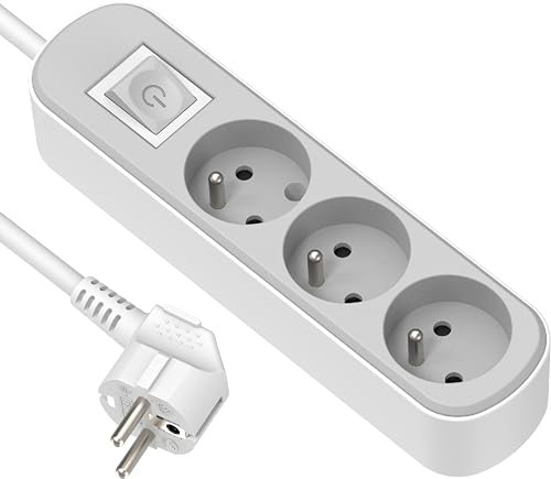 Electraline 32020 Bloc Multiprise Prima 3 Prises 16A avec Interrupteur, Câble H05VV-F Section 3G1.5mm² Longueur 3M, Blanc/Gris