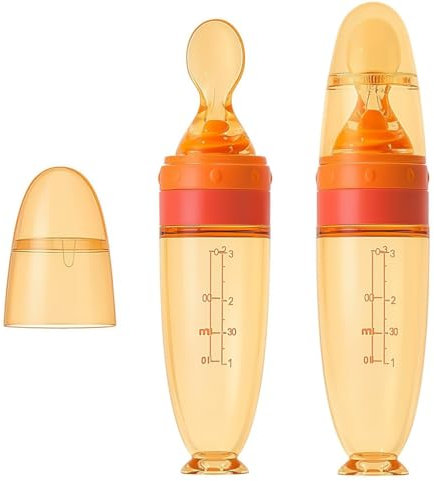 Cutties and Giggles Silicone Baby Feeding Spoon Bottle – 90ml Squeeze Food Dispenser with Soft Spoon Tip – BPA-Free, Leakproof, Ideal for Weaning, Purees & First Solids (Orange)