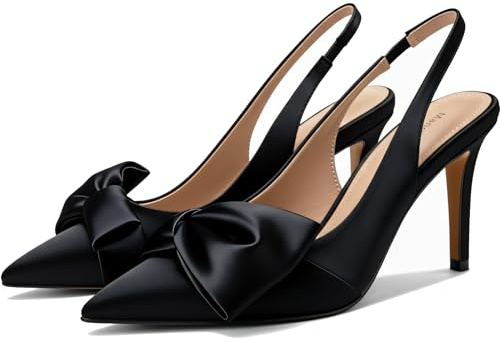 Moloershow Slingback Heels for Women with Bow Pointed Toe Stiletto Pumps 3.3 High Heels Wedding Elegant Bridal Shoes Satin Black Size 9