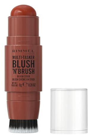 Rimmel London Multi-Tasker Blush'N'Brush Stick, colore modulabile, resistente all'acqua, pennello integrato, scorre facilmente, 8g, 350 ROASED PEACH
