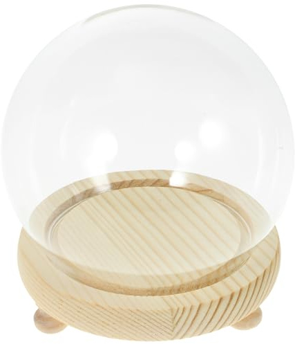 POPETPOP Cloche en Verre Transparente Sphérique avec Base en Bois Naturel, Support Micro-Paysage Décoratif, Dôme Protecteur Anti-poussière pour Fleurs Séchées et Terrariums, Décoration