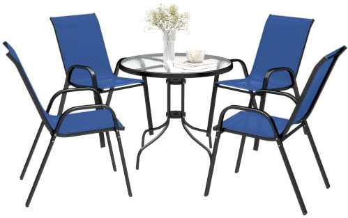 Outsunny 5 Pieces Garden Dining Set 4 Seater Garden Furniture Dark Blue | High Back Stackable Chairs, Round Glass Top Table, Outdoor Bistro Set, Parasol Hole, Patio